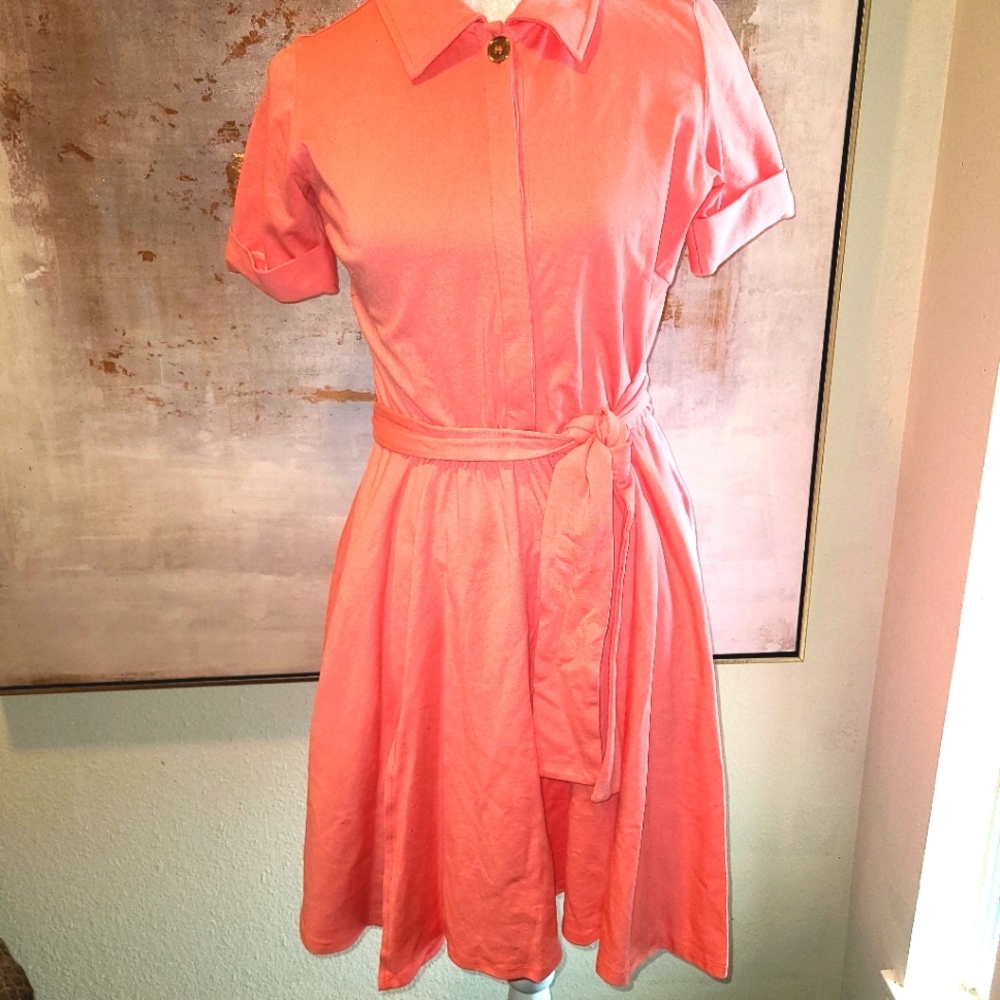 Peach Dress with Notched Collar and Short Cuffed Sleeves